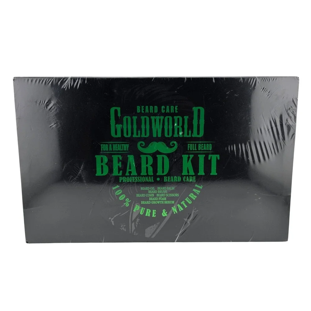 Gold World Beard Grooming Kit 7pc Set Oil Balm Brush Comb Sealed
